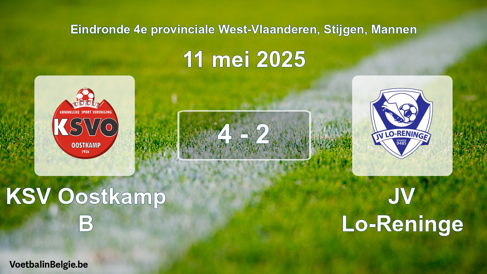 Gespeelde wedstrijd mannenvoetbal: KSV Oostkamp B - JV Lo-Reninge 4 - 2 (11 mei 2025)