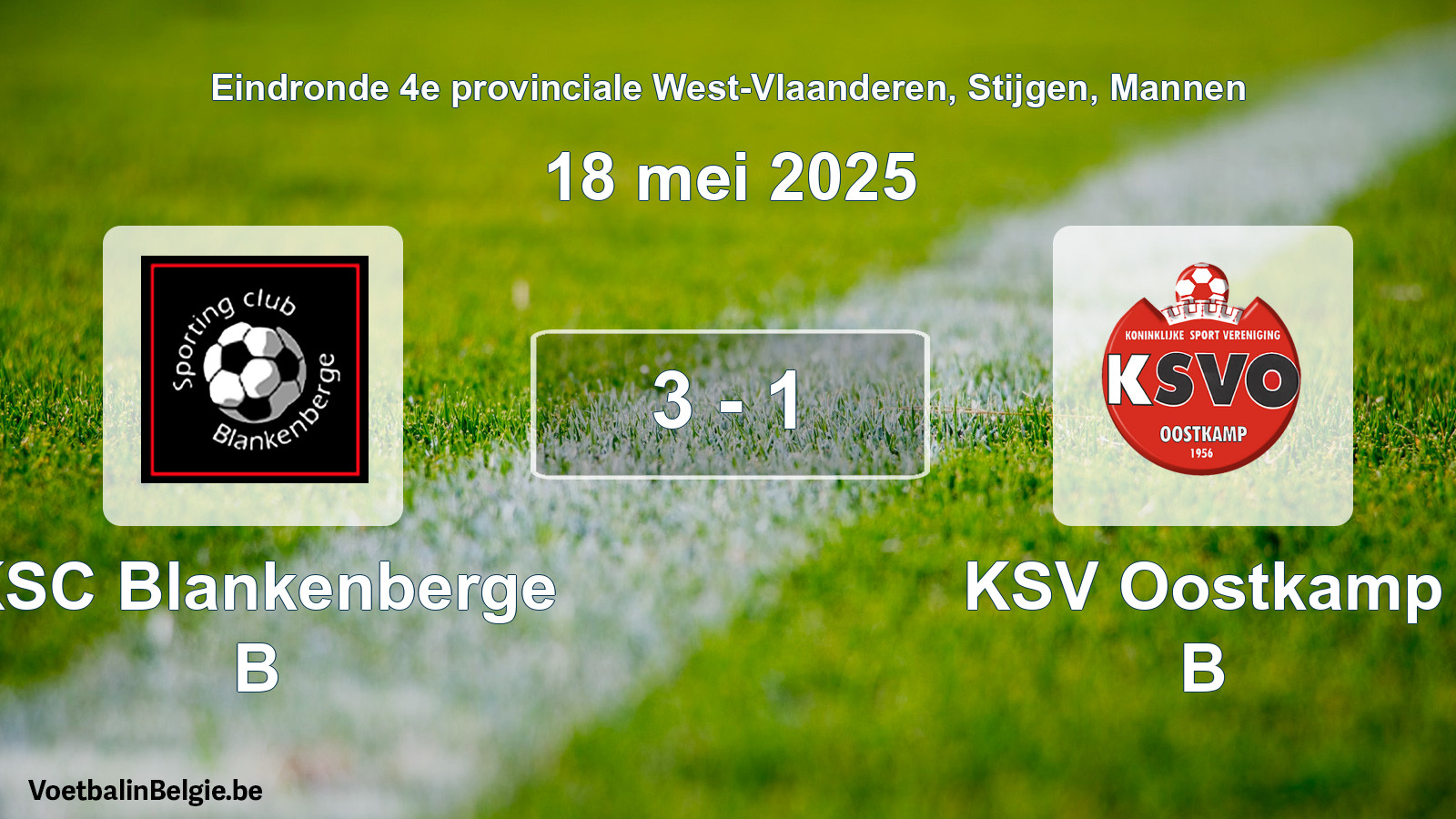 Gespeelde wedstrijd mannenvoetbal: KSC Blankenberge B - KSV Oostkamp B 3 - 1 (18 mei 2025)