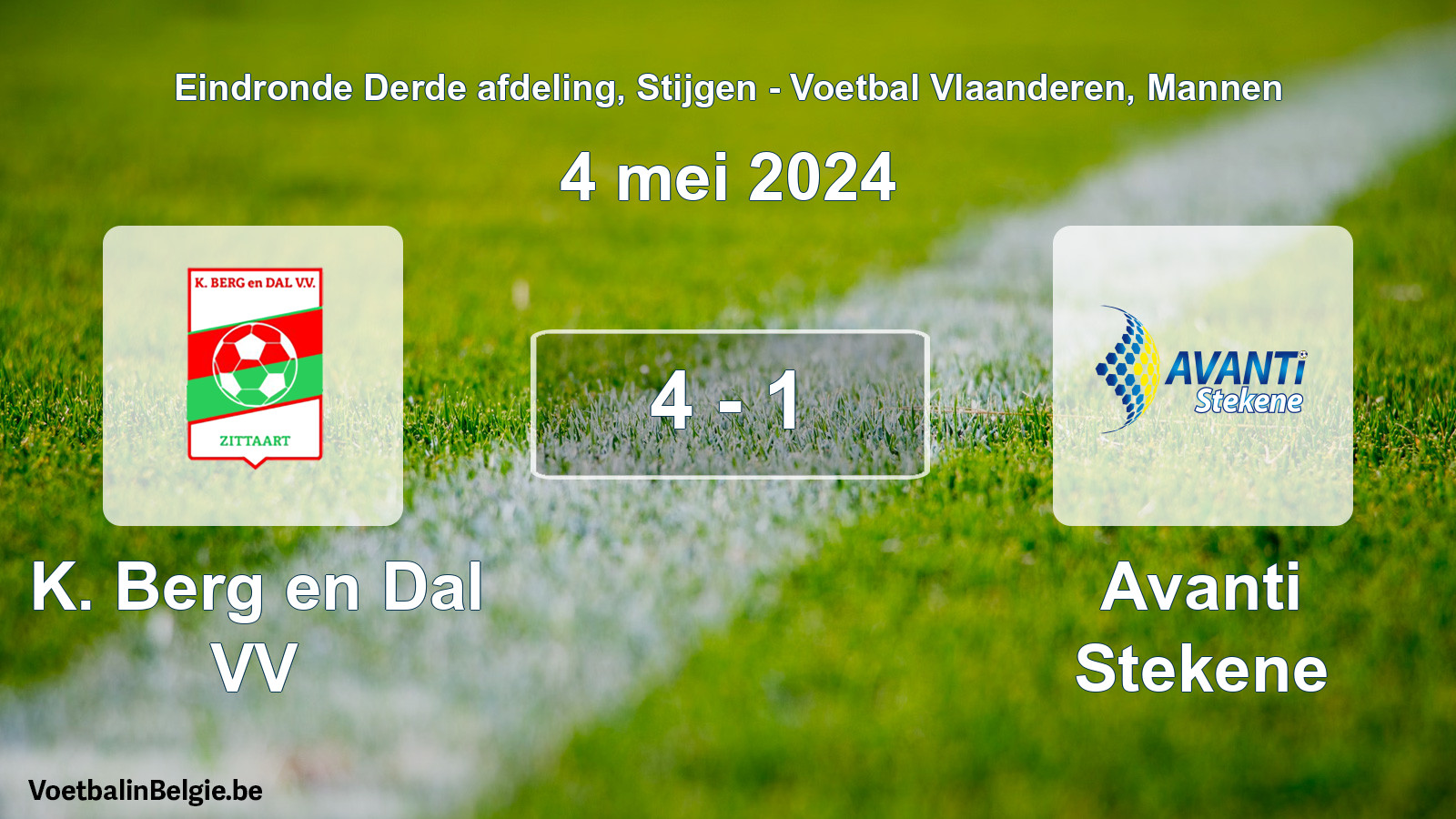 Gespeelde wedstrijd mannenvoetbal: K. Berg en Dal VV - Avanti Stekene 4 - 1 (4 mei 2024)