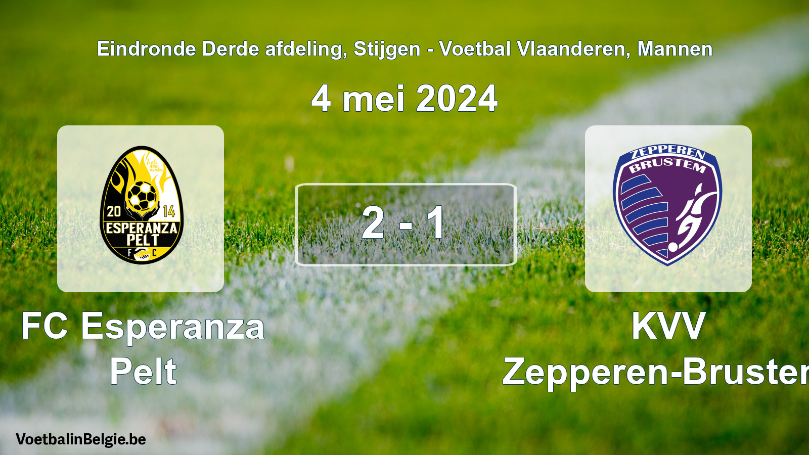 Gespeelde wedstrijd mannenvoetbal: FC Esperanza Pelt - KVV Zepperen-Brustem 2 - 1 (4 mei 2024)