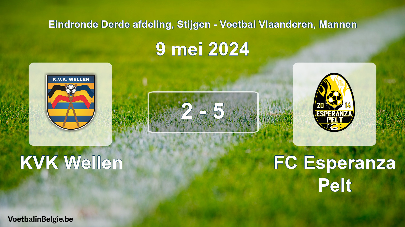 Gespeelde wedstrijd mannenvoetbal: KVK Wellen - FC Esperanza Pelt 2 - 5 (9 mei 2024)