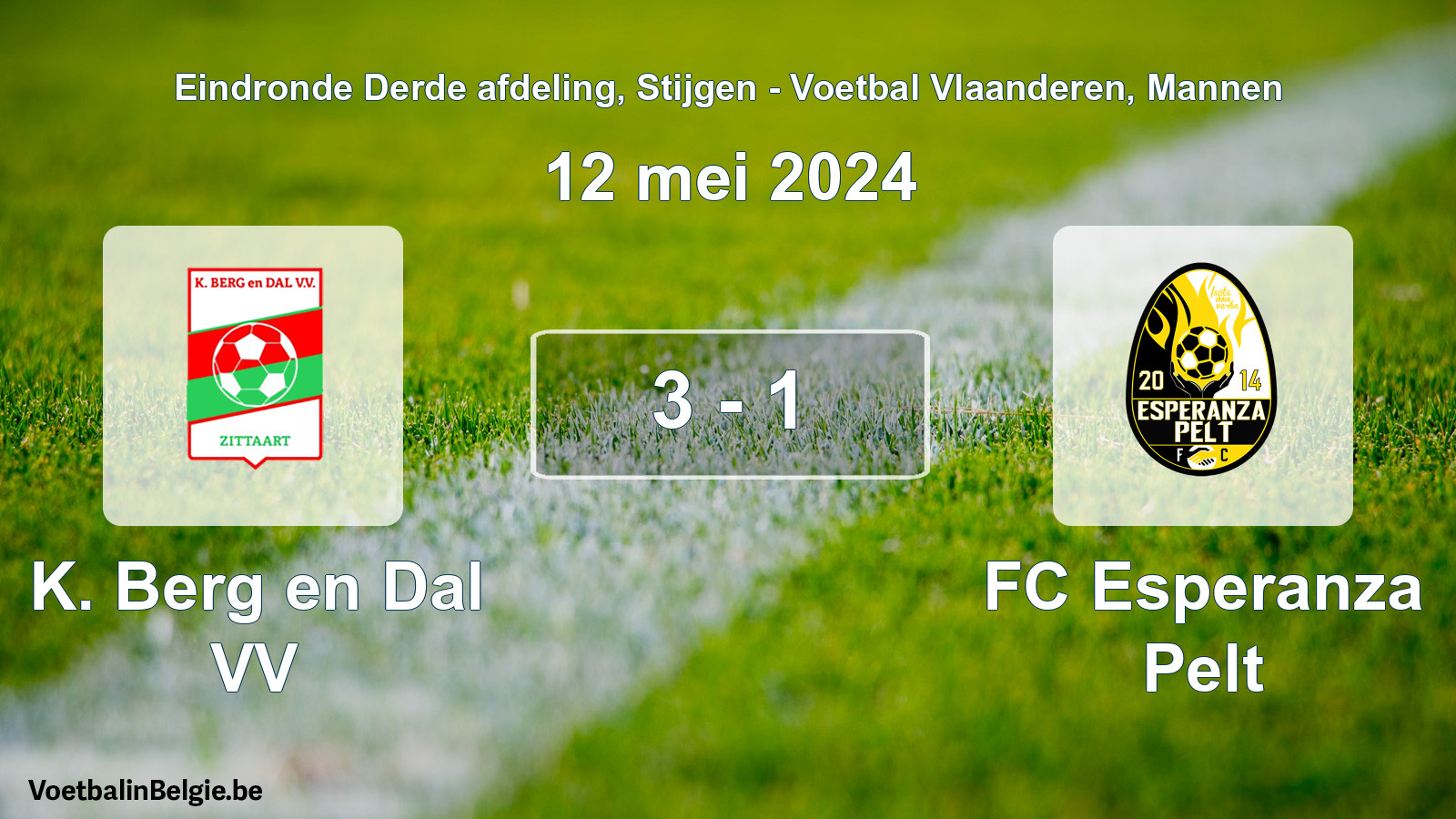 Gespeelde wedstrijd mannenvoetbal: K. Berg en Dal VV - FC Esperanza Pelt 3 - 1 (12 mei 2024)