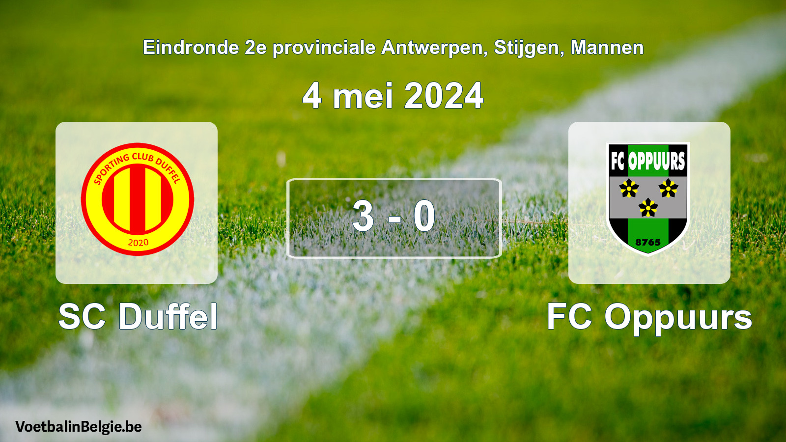 Gespieltes Spiel männer-Fußball: SC Duffel - FC Oppuurs 3 - 0 (4 Mai 2024)