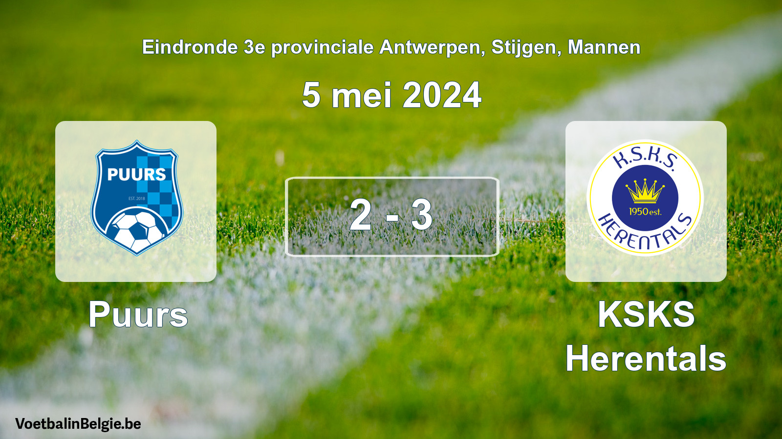 Gespieltes Spiel männer-Fußball: Puurs - KSKS Herentals 2 - 3 (5 Mai 2024)