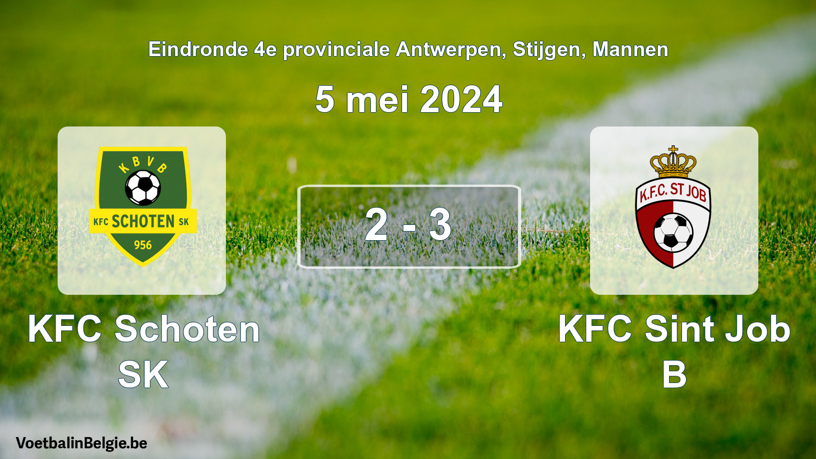 Gespeelde wedstrijd mannenvoetbal: KFC Schoten SK - KFC Sint Job B 2 - 3 (5 mei 2024)