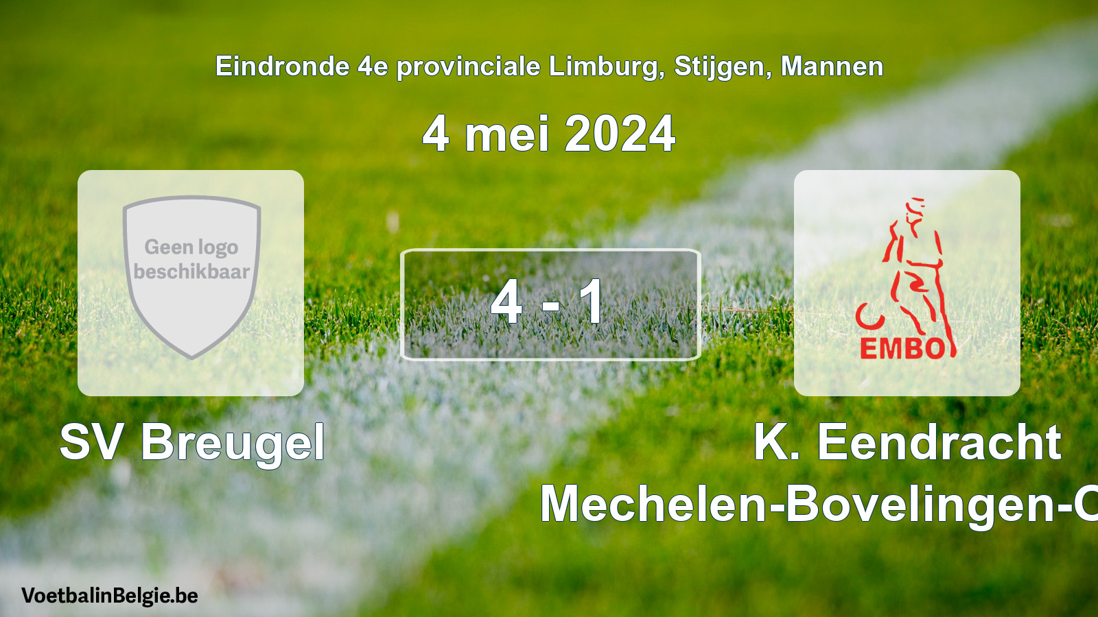 Match joué football hommes: SV Breugel - K. Eendracht Mechelen-Bovelingen-Opheers 4 - 1 (4 mai 2024)