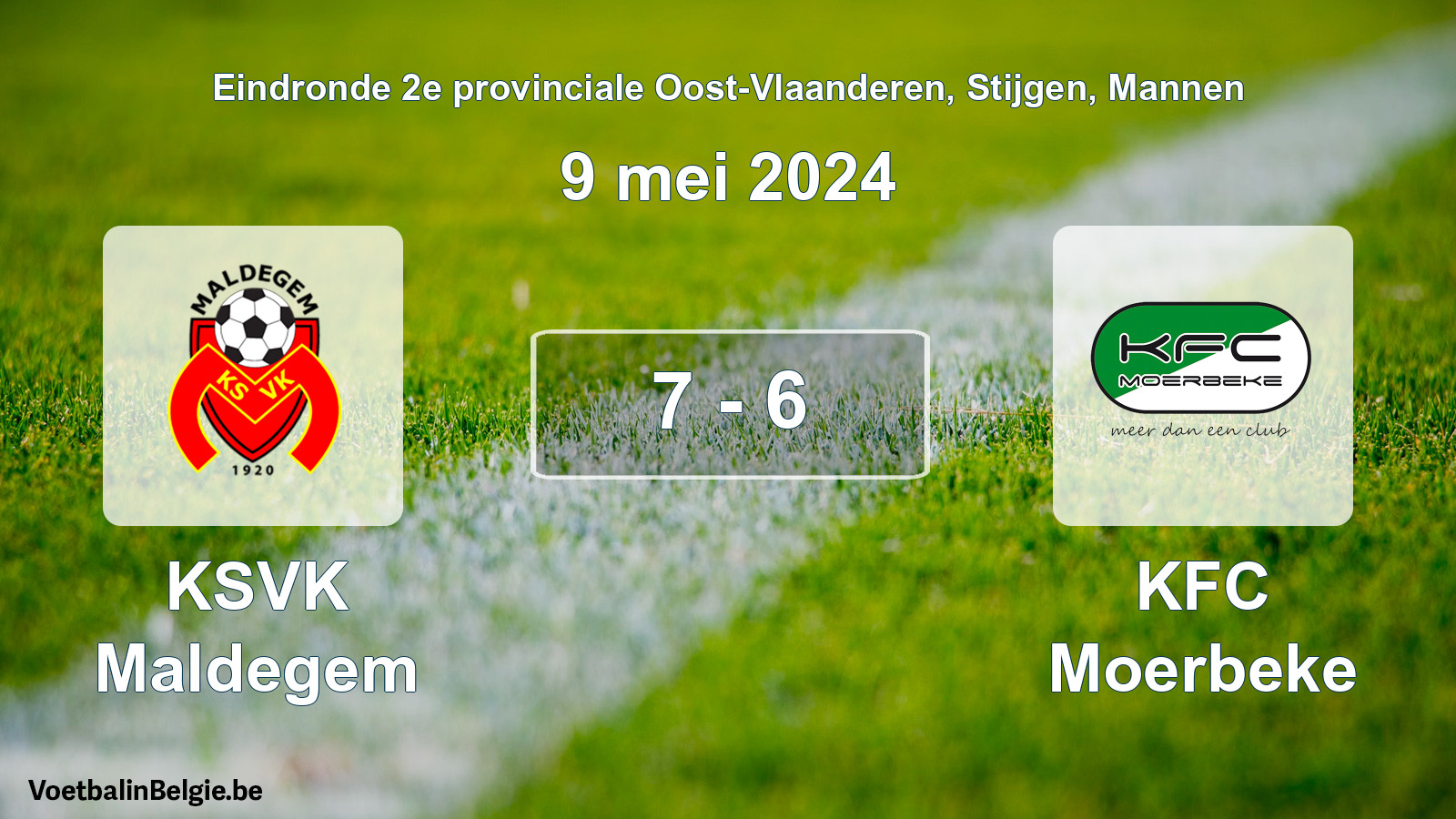 Gespeelde wedstrijd mannenvoetbal: KSVK Maldegem - KFC Moerbeke 7 - 6 (9 mei 2024)