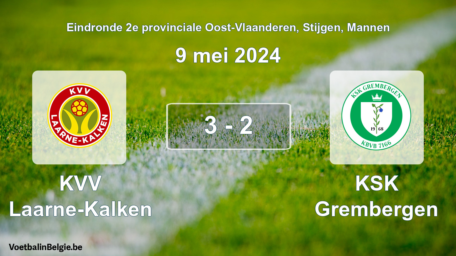 Gespeelde wedstrijd mannenvoetbal: KVV Laarne-Kalken - KSK Grembergen 3 - 2 (9 mei 2024)