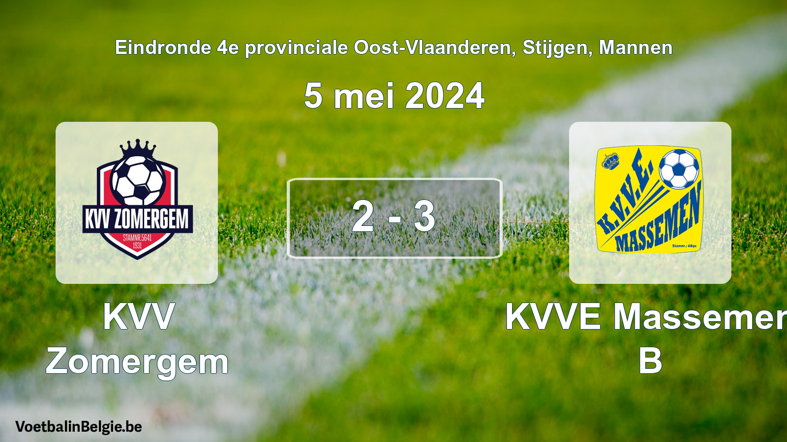 Gespeelde wedstrijd mannenvoetbal: KVV Zomergem - KVVE Massemen B 2 - 3 (5 mei 2024)