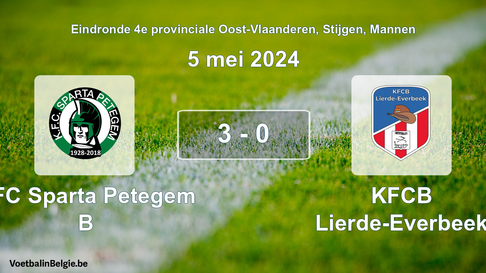 Gespeelde wedstrijd mannenvoetbal: KFC Sparta Petegem B - KFCB Lierde-Everbeek 3 - 0 (5 mei 2024)