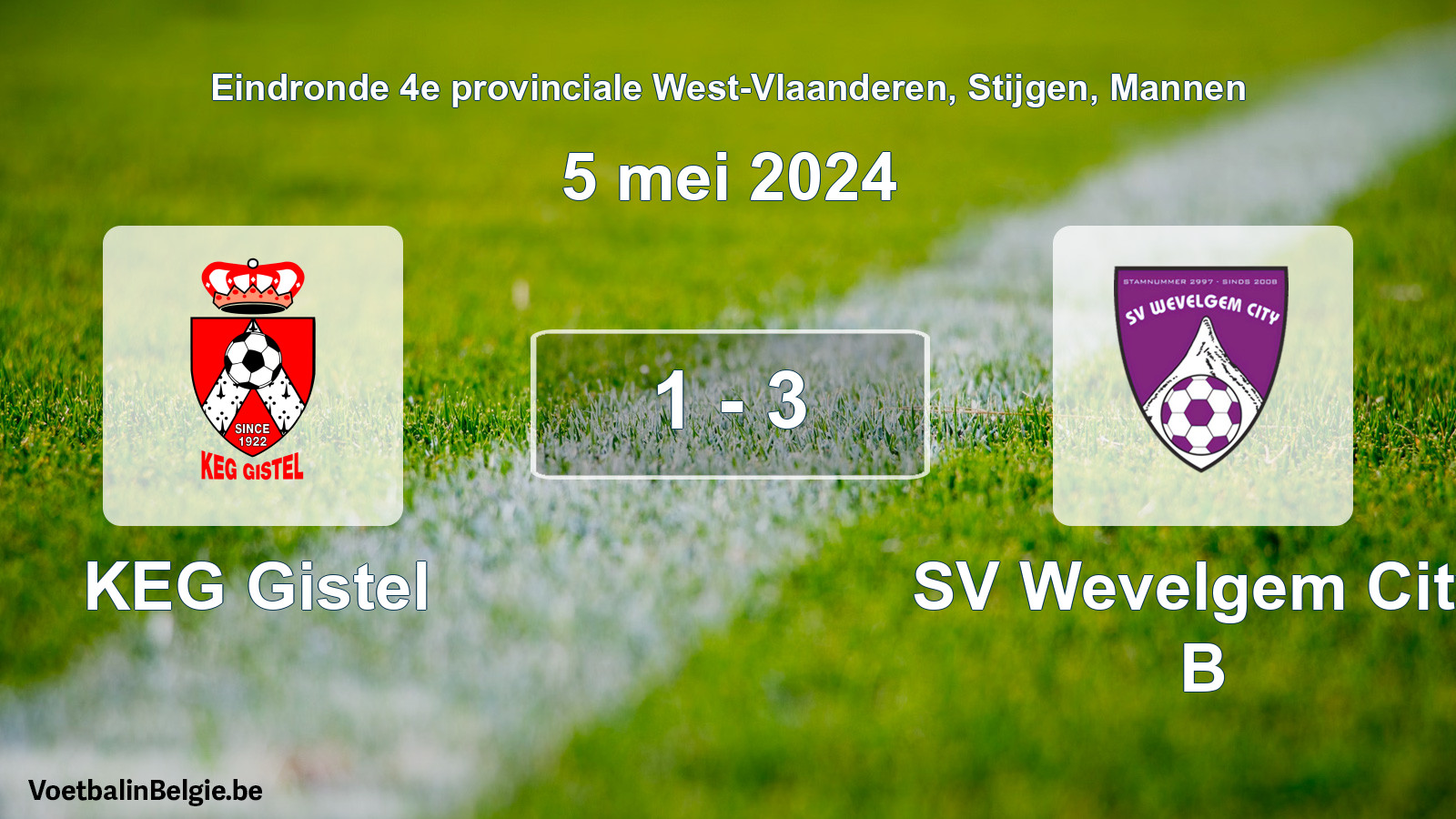 Gespeelde wedstrijd mannenvoetbal: KEG Gistel - SV Wevelgem City B 1 - 3 (5 mei 2024)