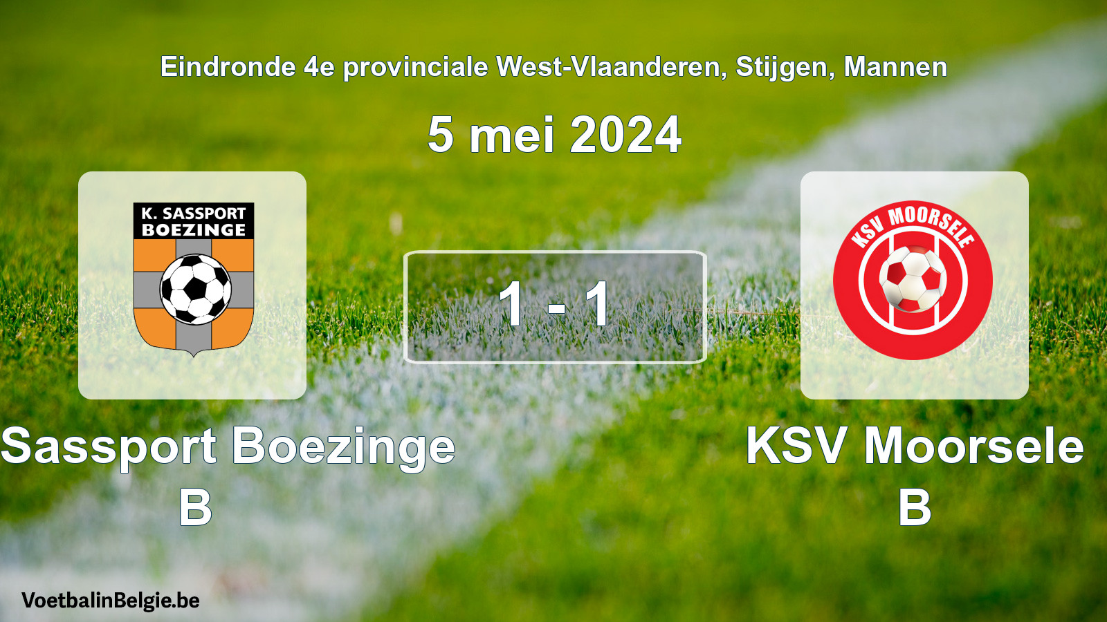 Gespeelde wedstrijd mannenvoetbal: K. Sassport Boezinge B - KSV Moorsele B 1 - 1 (5 mei 2024)