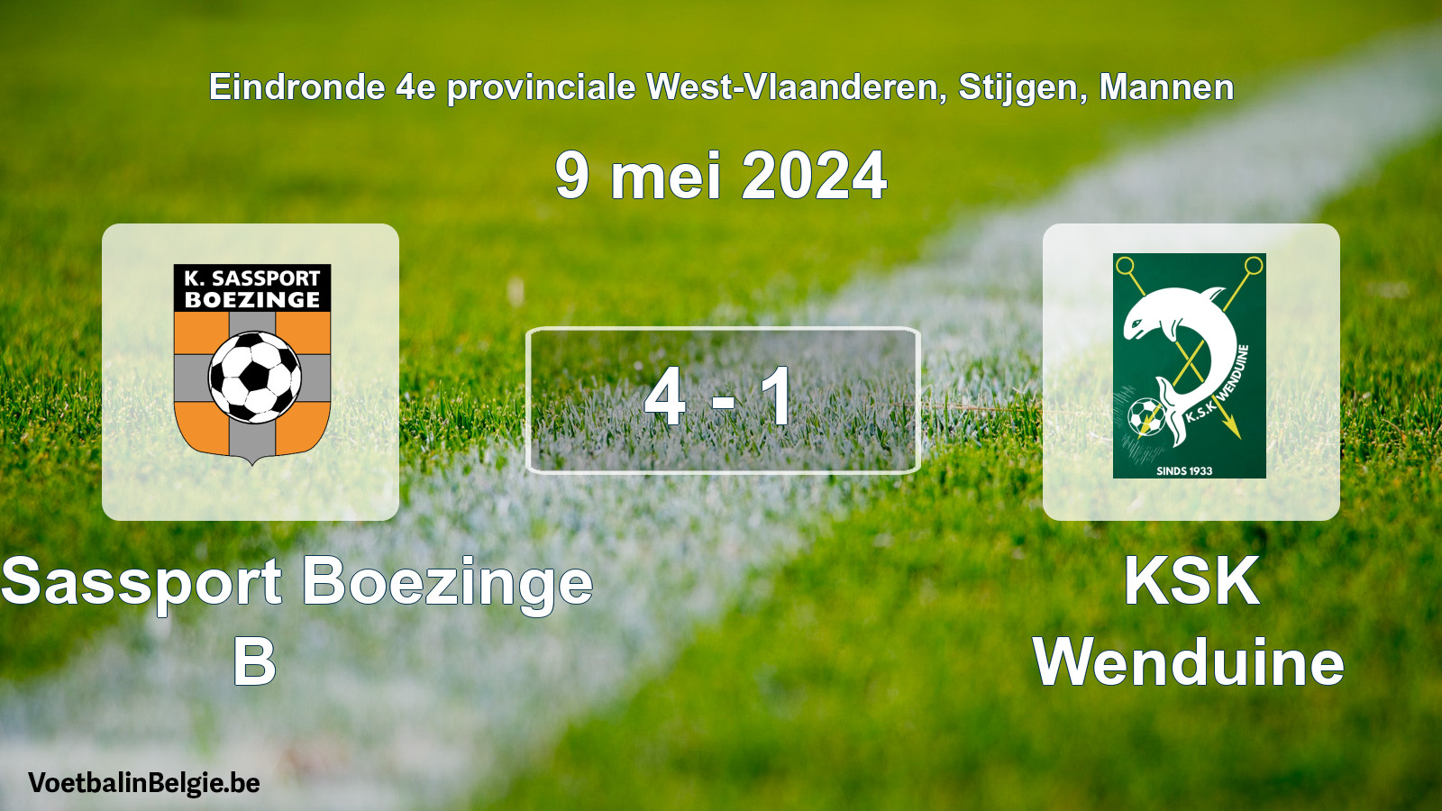 Gespieltes Spiel männer-Fußball: K. Sassport Boezinge B - KSK Wenduine 4 - 1 (9 Mai 2024)