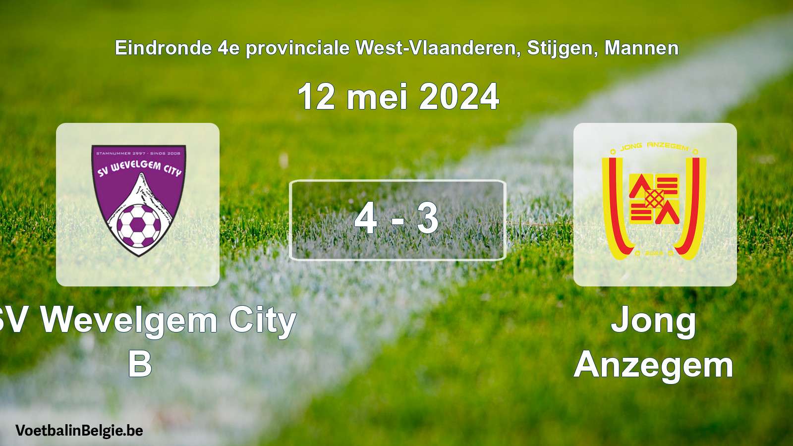 Gespieltes Spiel männer-Fußball: SV Wevelgem City B - Jong Anzegem 4 - 3 (12 Mai 2024)