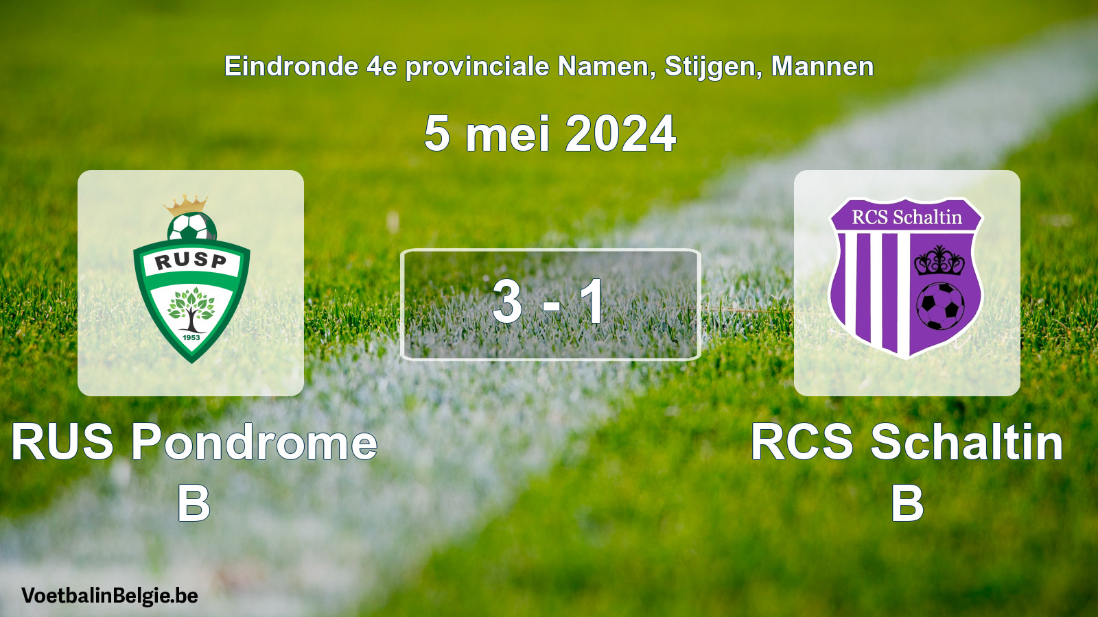 Gespeelde wedstrijd mannenvoetbal: RUS Pondrome B - RCS Schaltin B 3 - 1 (5 mei 2024)