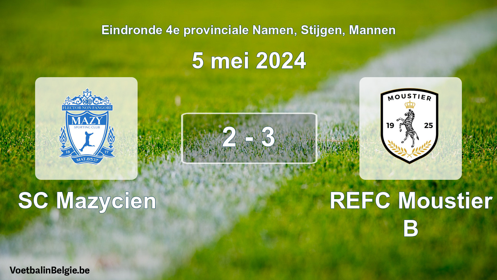 Gespeelde wedstrijd mannenvoetbal: SC Mazycien - REFC Moustier B 2 - 3 (5 mei 2024)
