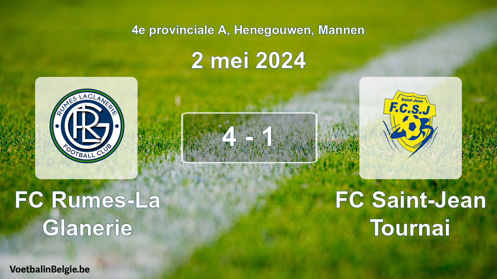 Gespieltes Spiel männer-Fußball: FC Rumes-La Glanerie - FC Saint-Jean Tournai 4 - 1 (2 Mai 2024)
