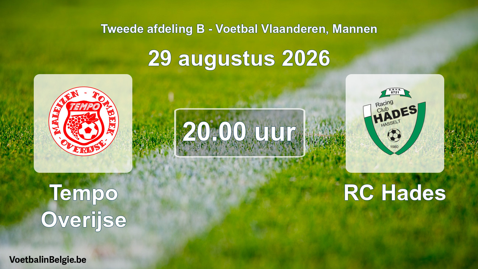 Geplande wedstrijd mannenvoetbal: Tempo Overijse - RC Hades (29 augustus 2026)