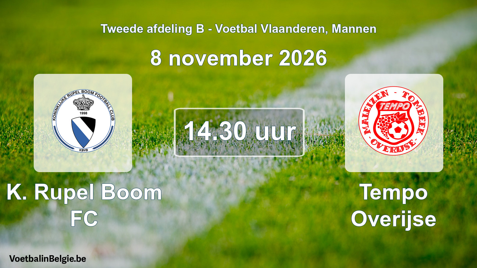 Geplande wedstrijd mannenvoetbal: K. Rupel Boom FC - Tempo Overijse (8 november 2026)