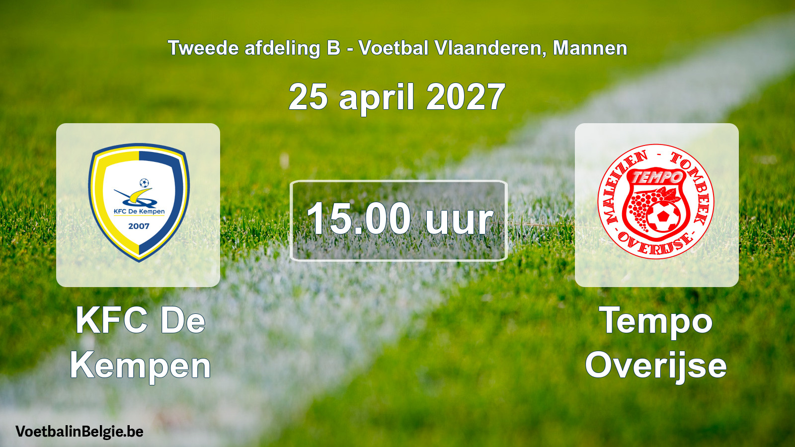Geplande wedstrijd mannenvoetbal: KFC De Kempen - Tempo Overijse (25 april 2027)