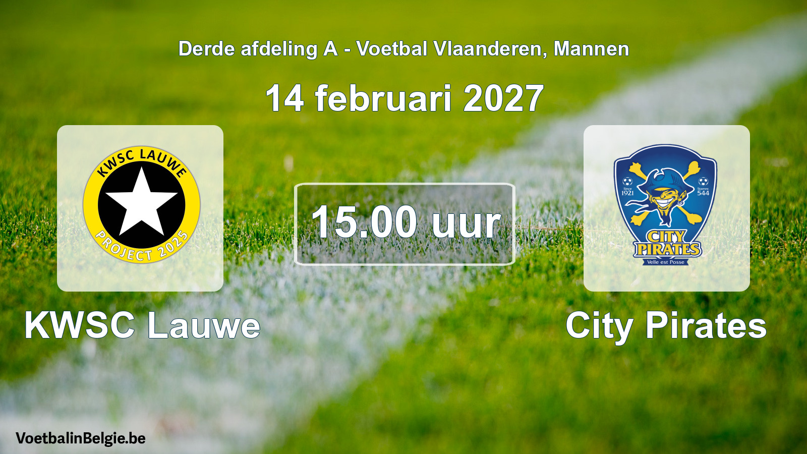 Geplande wedstrijd mannenvoetbal: KWSC Lauwe - City Pirates (14 februari 2027)