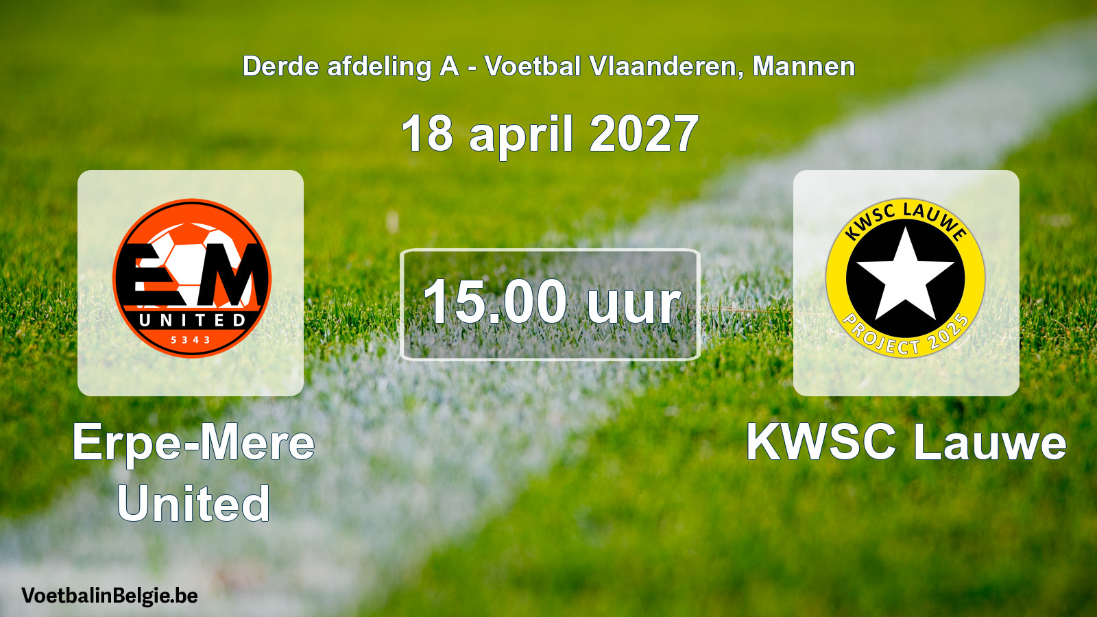 Geplande wedstrijd mannenvoetbal: Erpe-Mere United - KWSC Lauwe (18 april 2027)