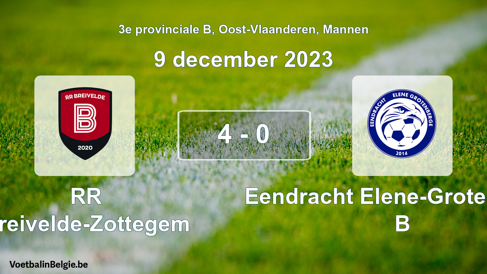 Gespeelde wedstrijd mannenvoetbal: RR Breivelde-Zottegem - Eendracht Elene-Grotenberge B 4 - 0 (9 december 2023)