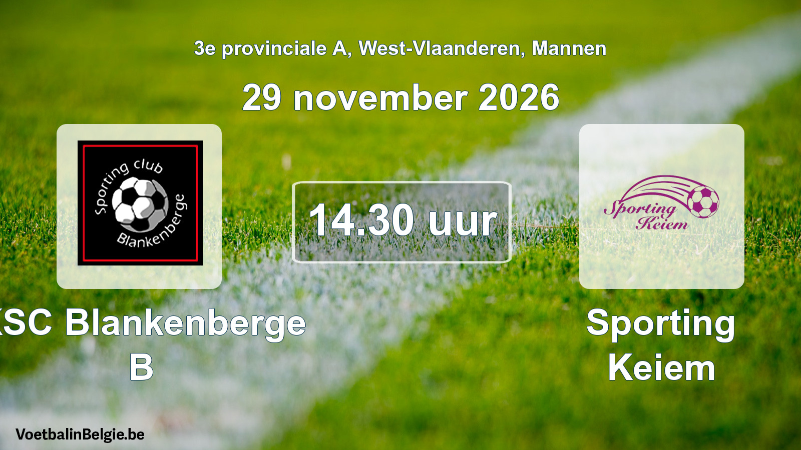 Geplande wedstrijd mannenvoetbal: KSC Blankenberge B - Sporting Keiem (29 november 2026)