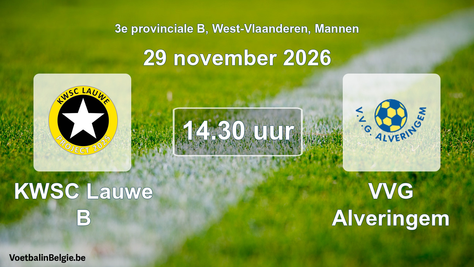 Geplande wedstrijd mannenvoetbal: KWSC Lauwe B - VVG Alveringem (29 november 2026)