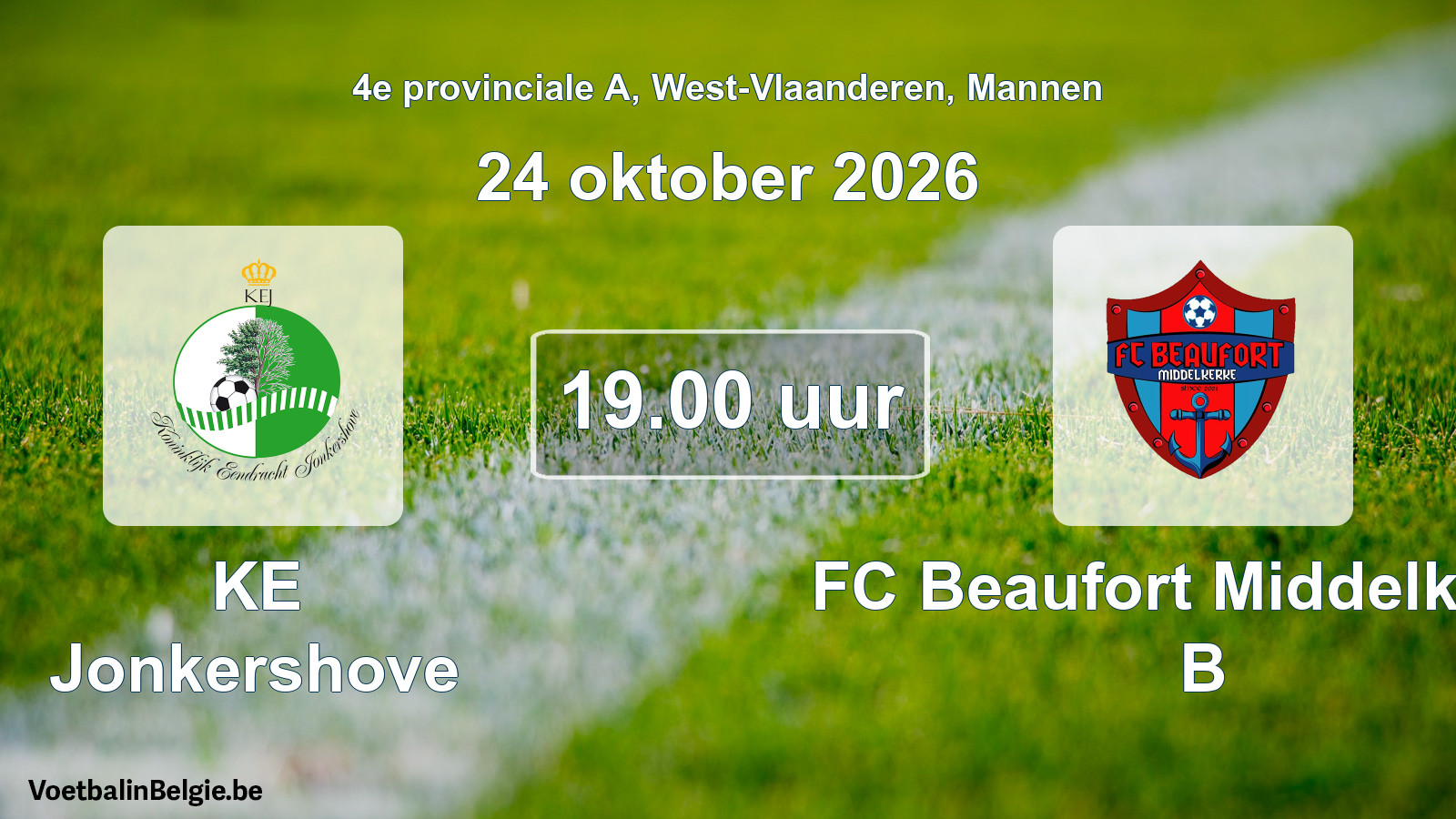 Geplande wedstrijd mannenvoetbal: KE Jonkershove - FC Beaufort Middelkerke B (24 oktober 2026)