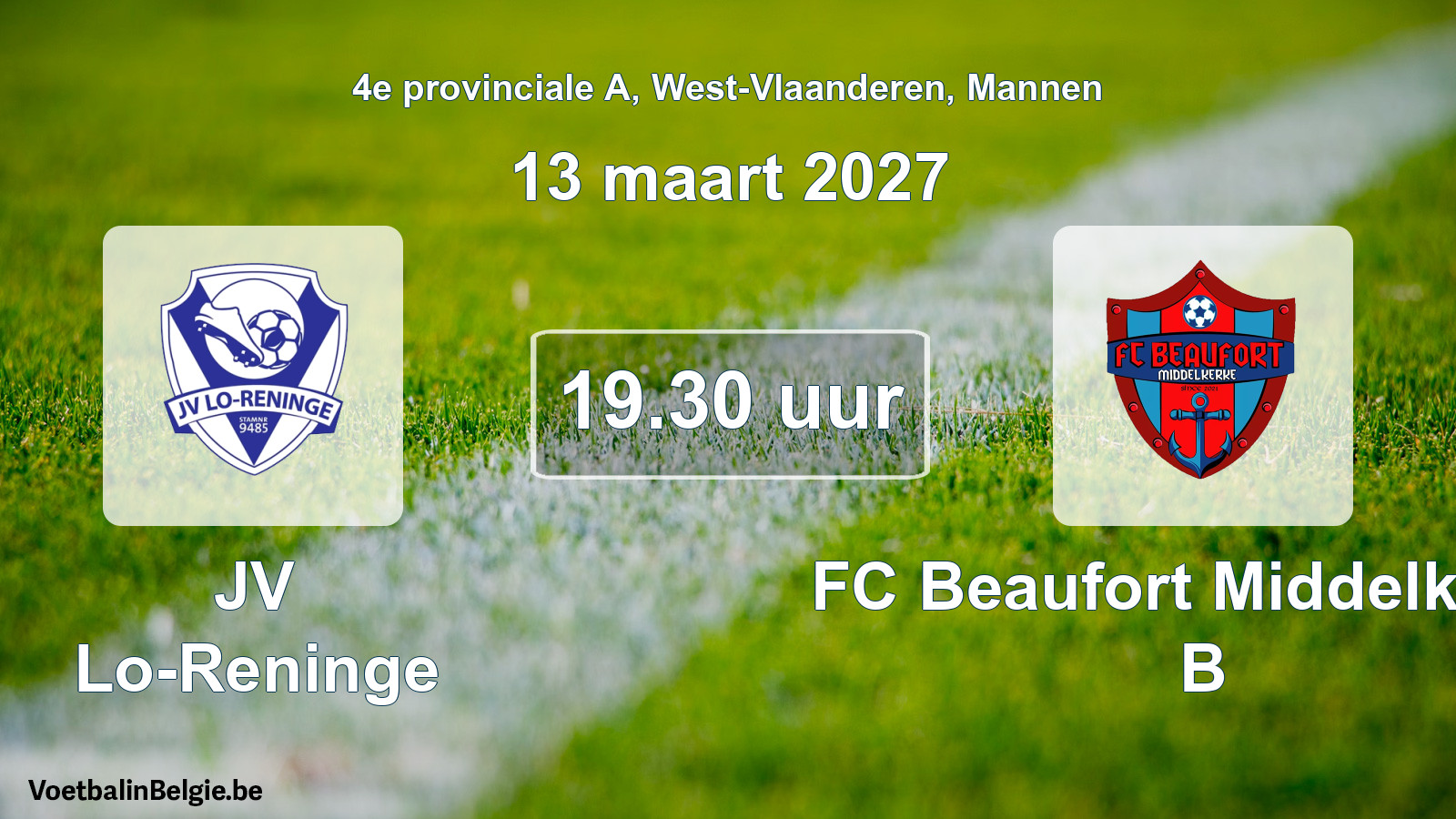 Geplande wedstrijd mannenvoetbal: JV Lo-Reninge - FC Beaufort Middelkerke B (13 maart 2027)