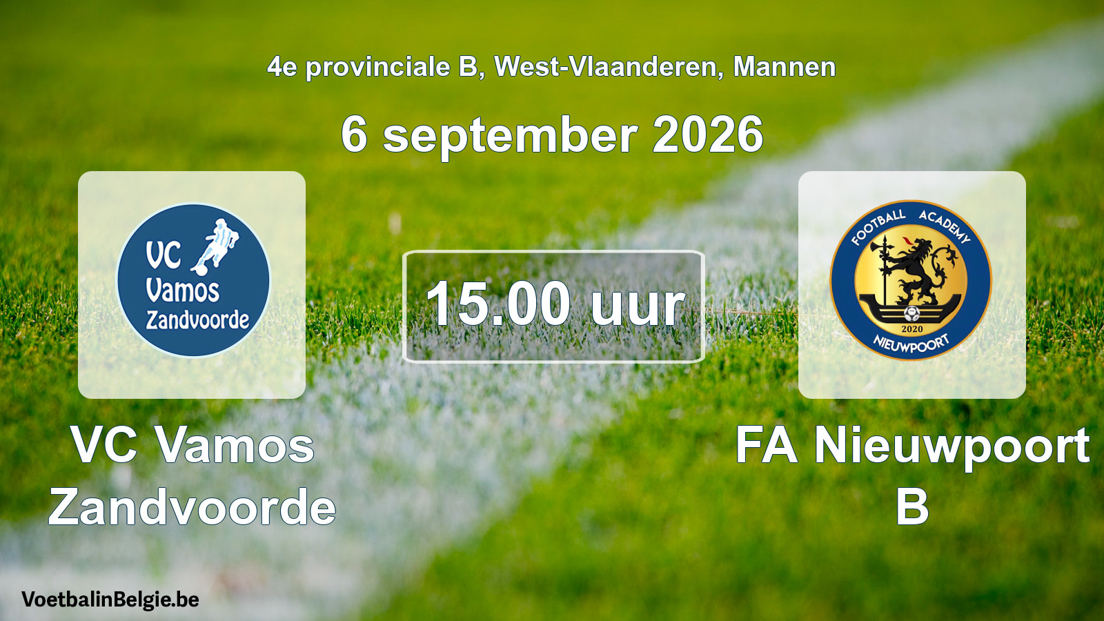 Geplande wedstrijd mannenvoetbal: VC Vamos Zandvoorde - FA Nieuwpoort B (6 september 2026)