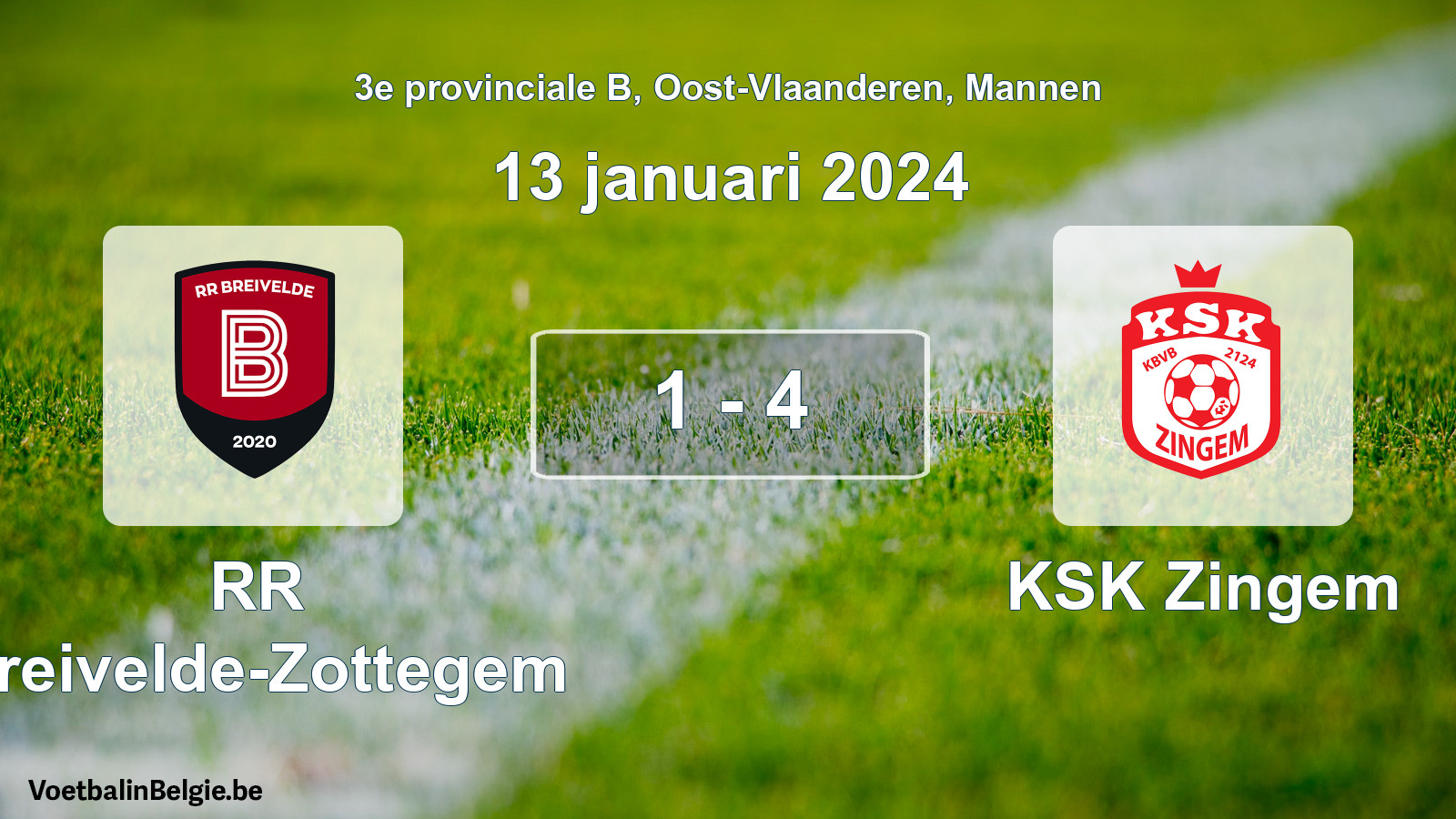 Gespeelde wedstrijd mannenvoetbal: RR Breivelde-Zottegem - KSK Zingem 1 - 4 (13 januari 2024)