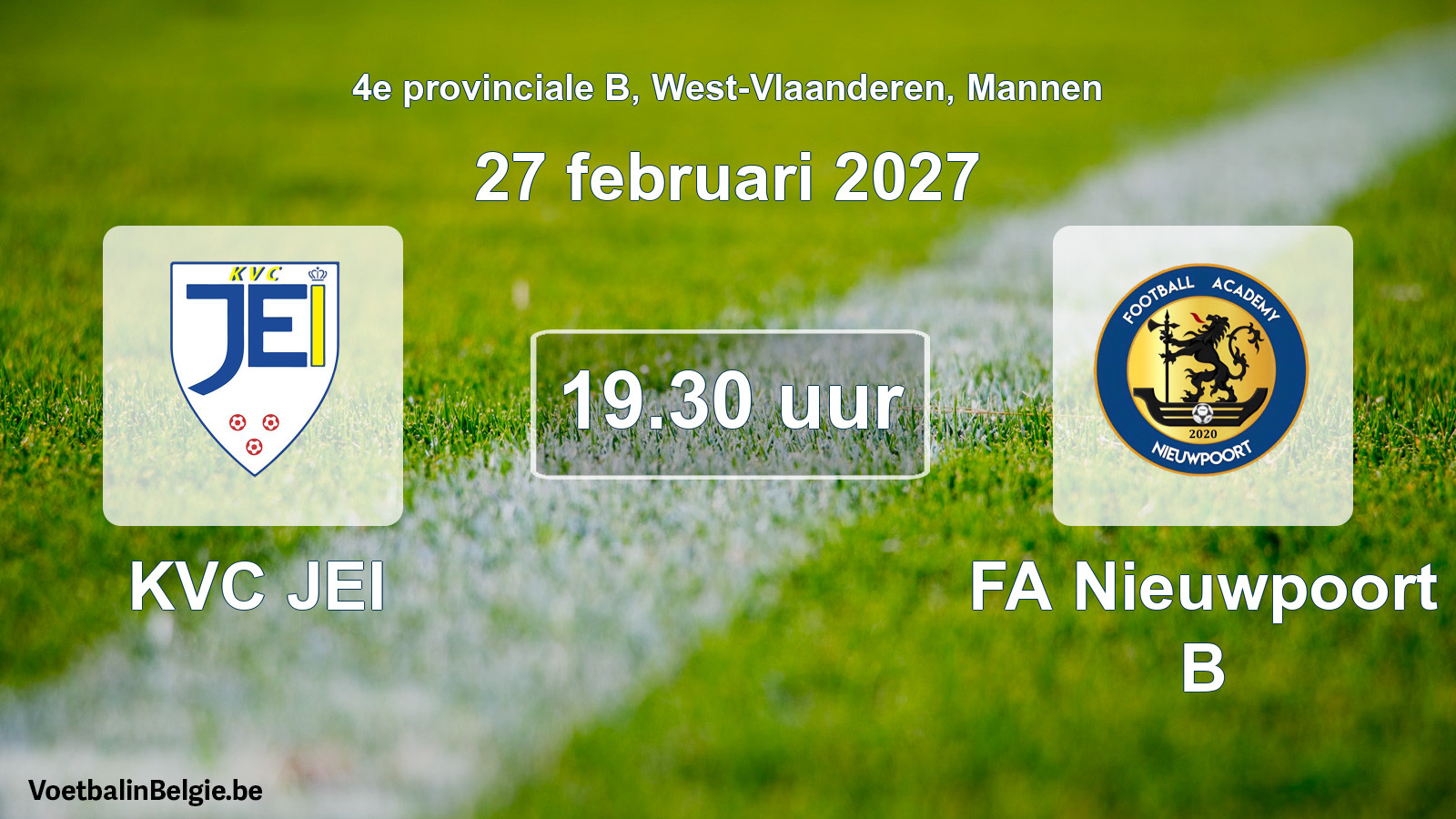 Geplande wedstrijd mannenvoetbal: KVC JEI - FA Nieuwpoort B (27 februari 2027)