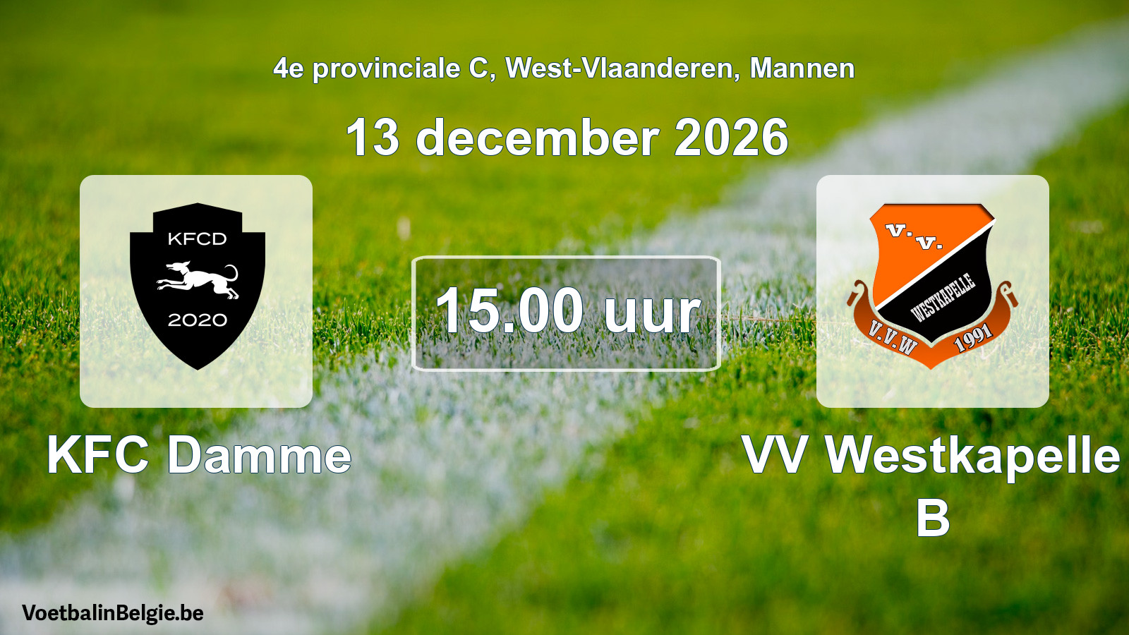 Geplande wedstrijd mannenvoetbal: KFC Damme - VV Westkapelle B (13 december 2026)