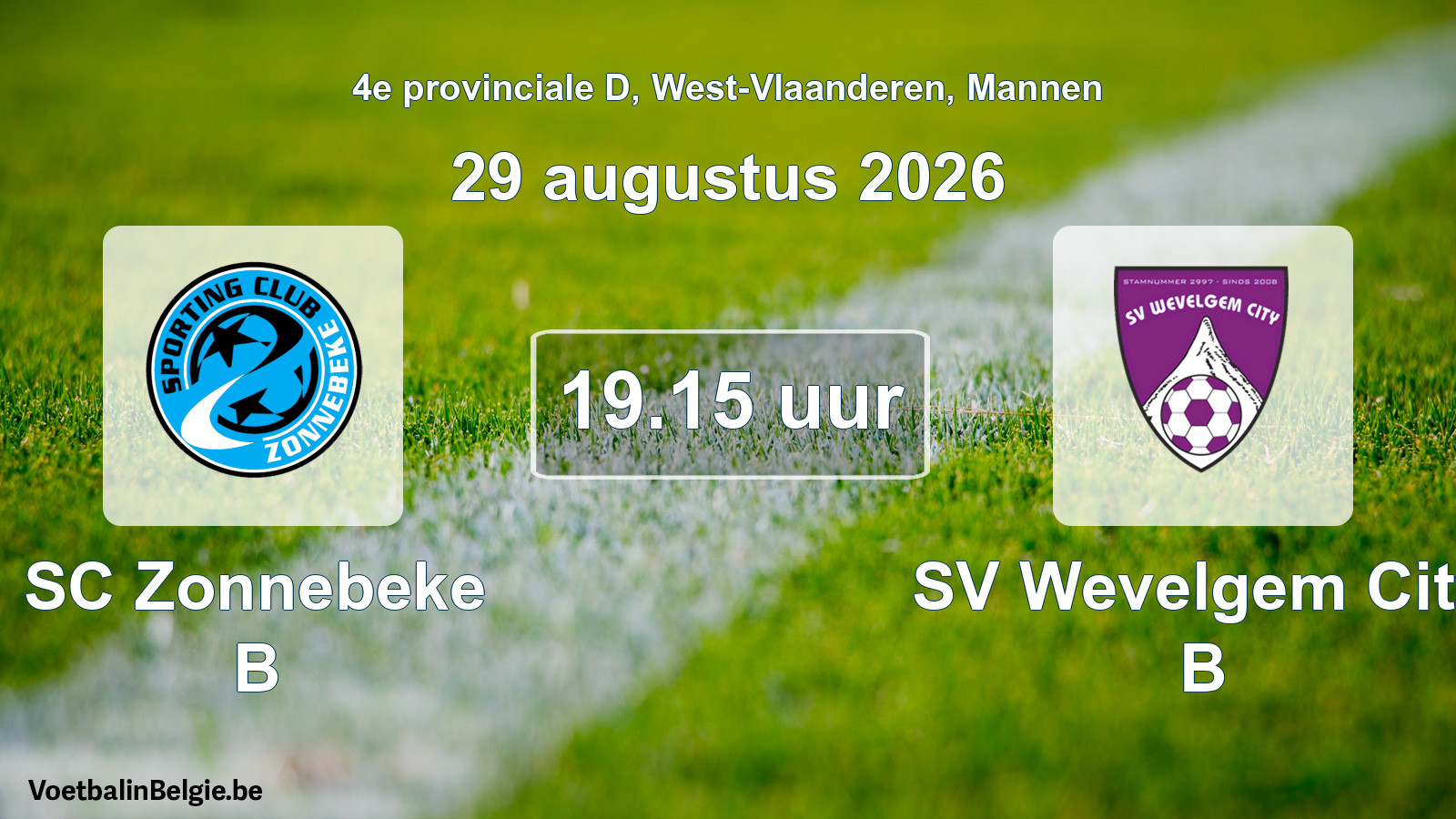 Geplande wedstrijd mannenvoetbal: SC Zonnebeke B - SV Wevelgem City B (29 augustus 2026)