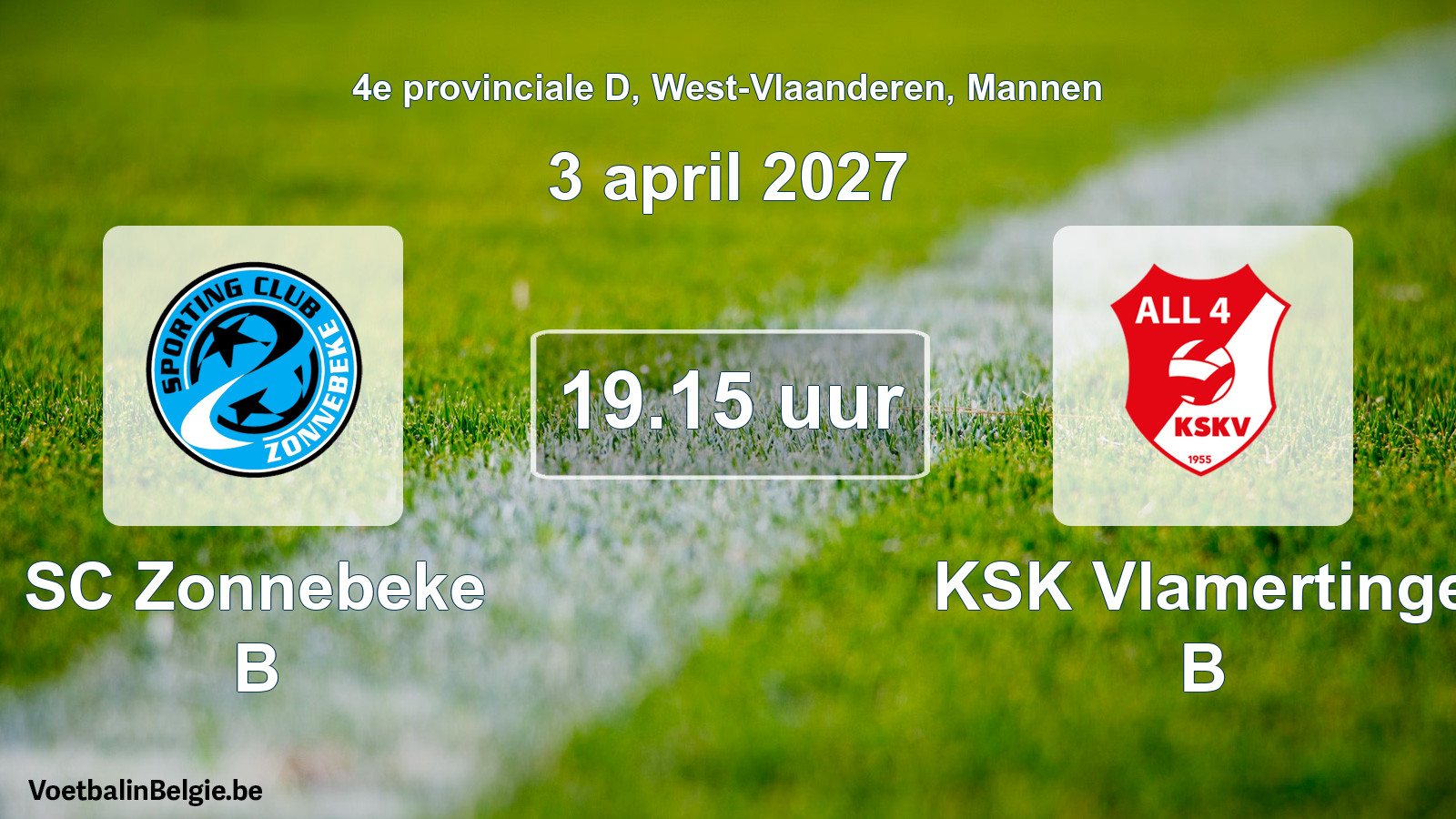 Geplande wedstrijd mannenvoetbal: SC Zonnebeke B - KSK Vlamertinge B (3 april 2027)