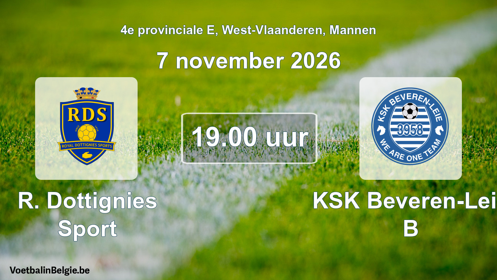 Match prévu football hommes: R. Dottignies Sport - KSK Beveren-Leie B (7 novembre 2026)