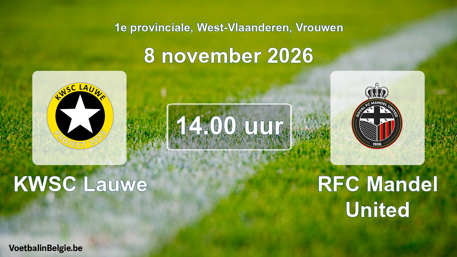 Geplande wedstrijd vrouwenvoetbal: KWSC Lauwe - RFC Mandel United (8 november 2026)