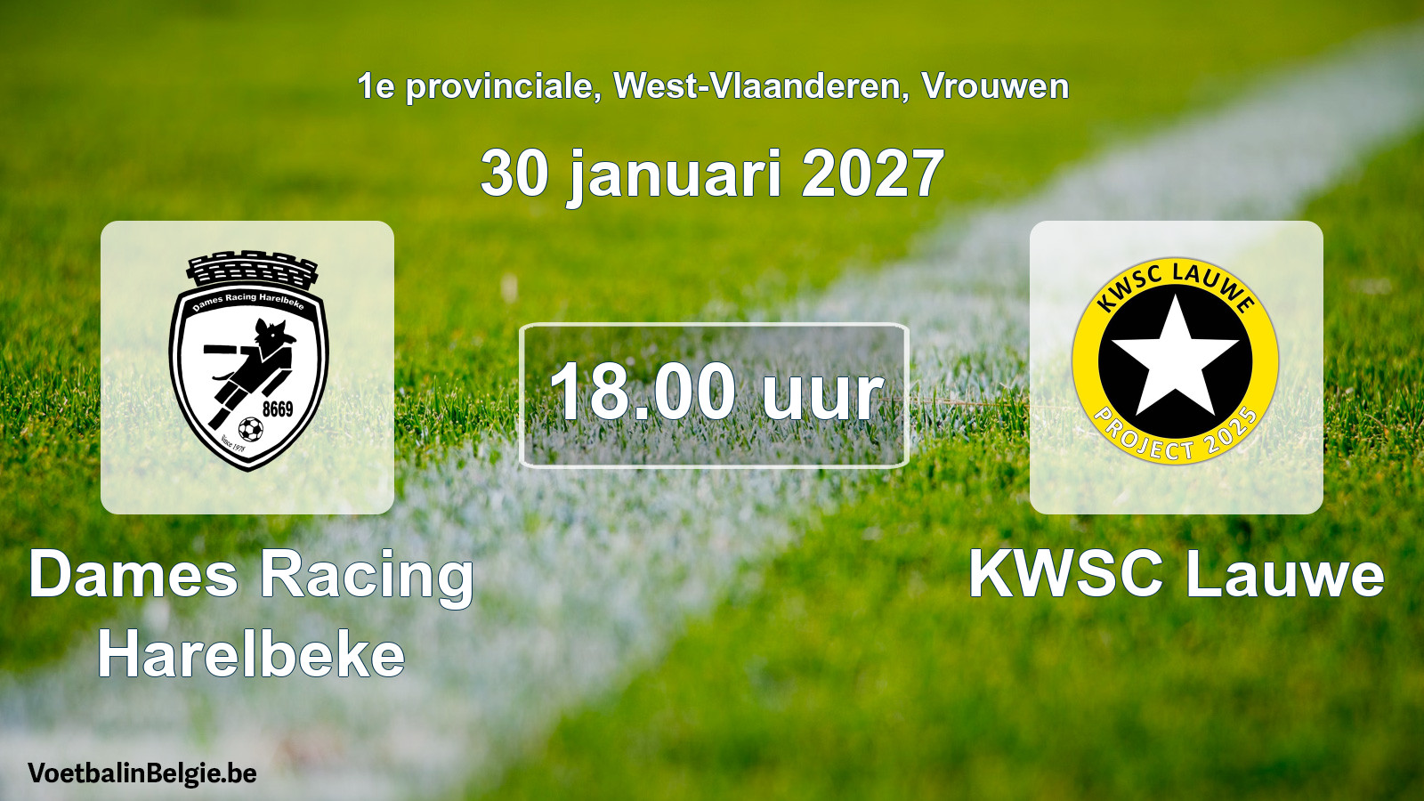 Geplande wedstrijd vrouwenvoetbal: Dames Racing Harelbeke - KWSC Lauwe (30 januari 2027)