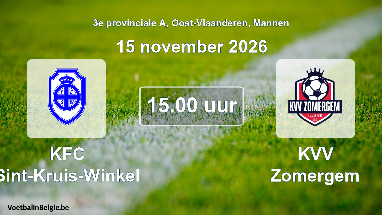 Match prévu football hommes: KFC Sint-Kruis-Winkel - KVV Zomergem (15 novembre 2026)