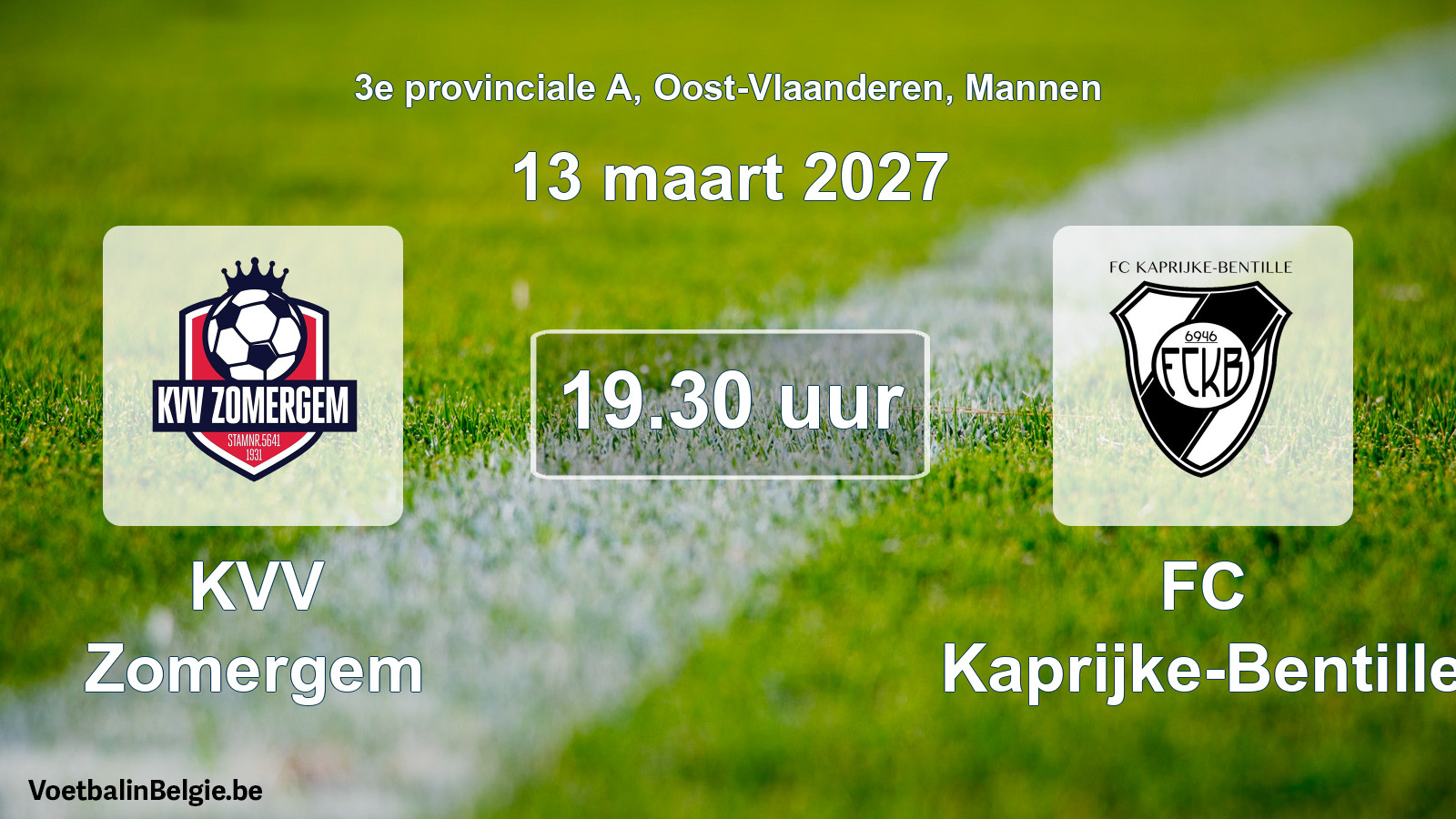 Match prévu football hommes: KVV Zomergem - FC Kaprijke-Bentille (13 mars 2027)