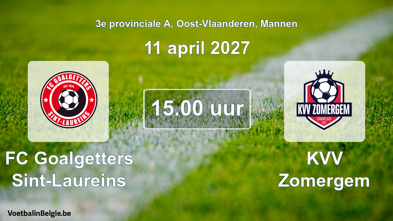 Match prévu football hommes: FC Goalgetters Sint-Laureins - KVV Zomergem (11 avril 2027)