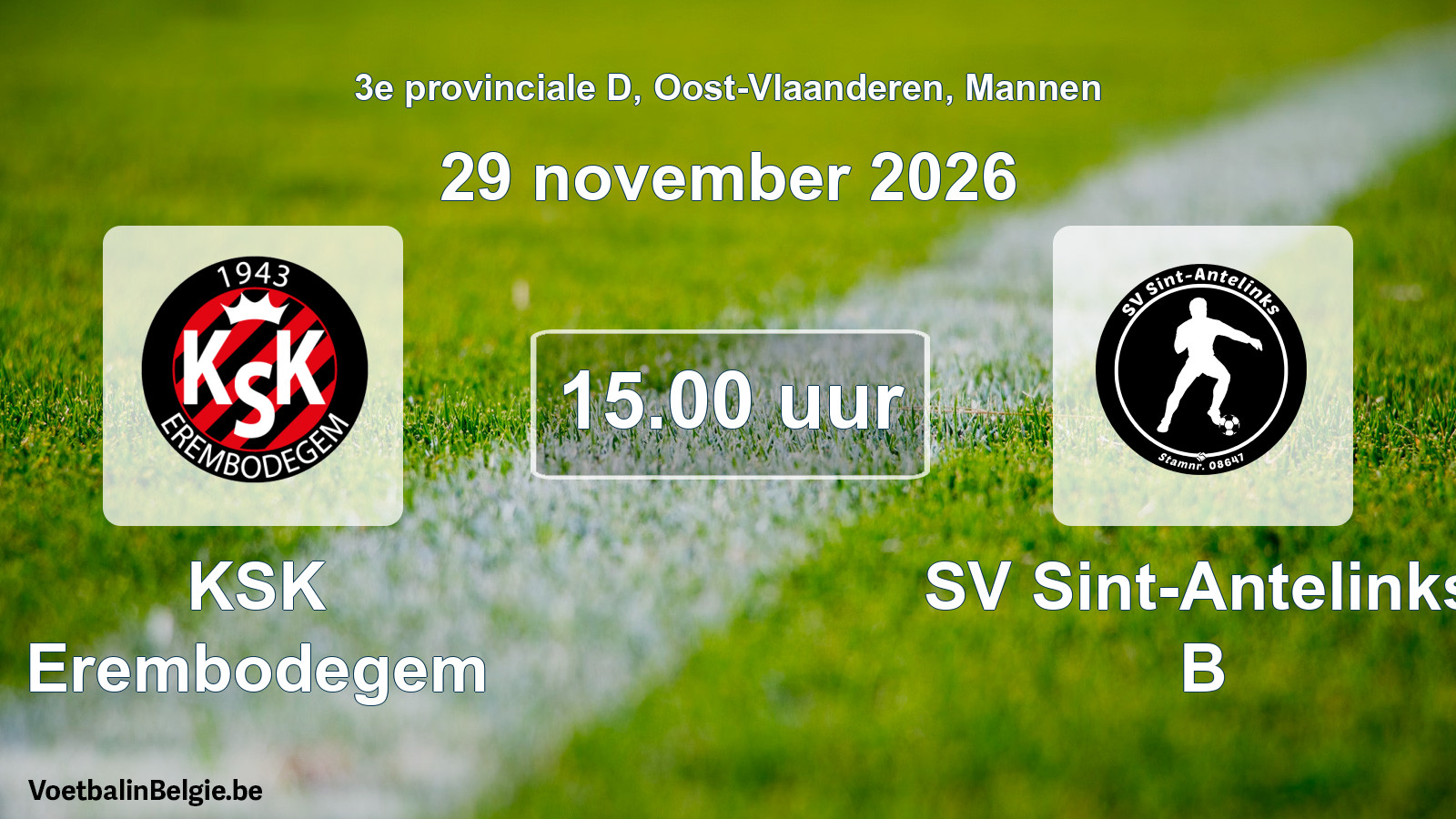 Geplande wedstrijd mannenvoetbal: KSK Erembodegem - SV Sint-Antelinks B (29 november 2026)