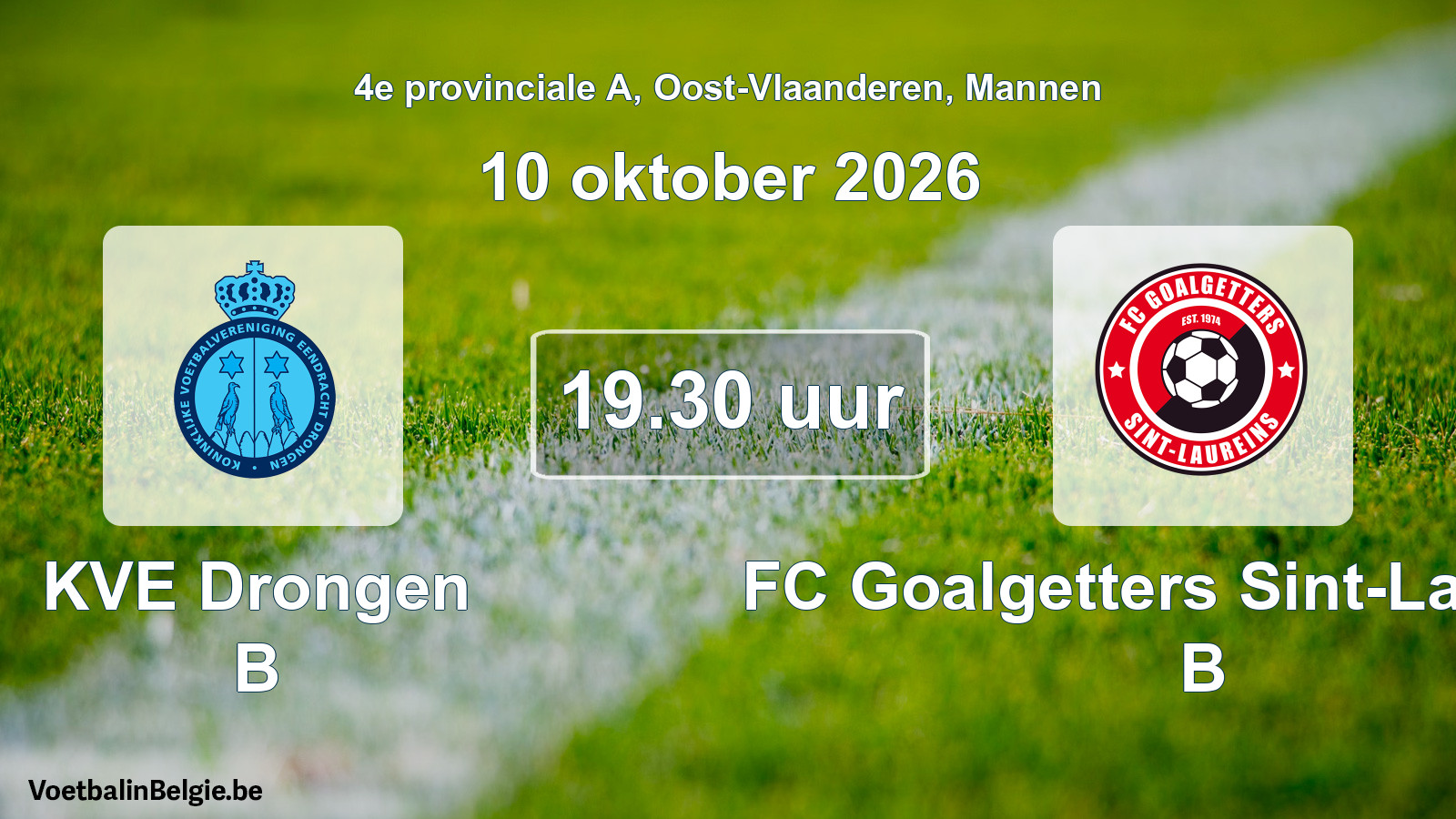 Geplande wedstrijd mannenvoetbal: KVE Drongen B - FC Goalgetters Sint-Laureins B (10 oktober 2026)