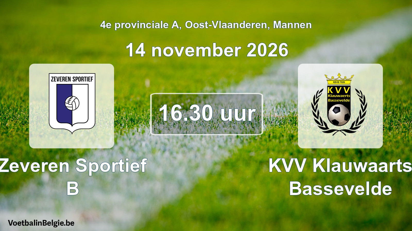 Geplande wedstrijd mannenvoetbal: Zeveren Sportief B - KVV Klauwaarts Bassevelde (14 november 2026)