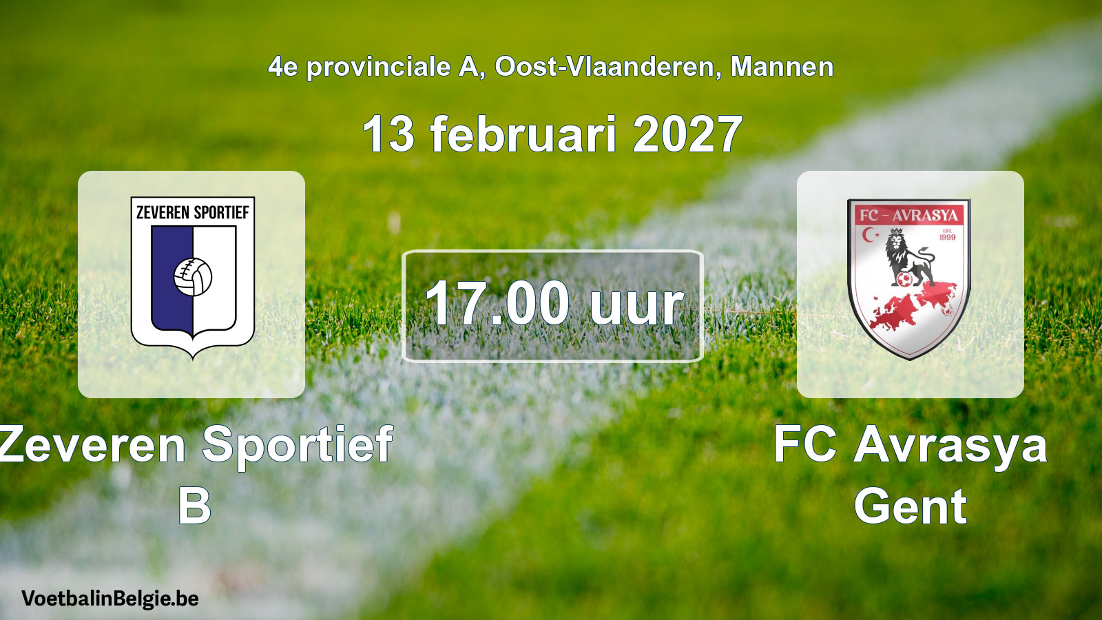Geplande wedstrijd mannenvoetbal: Zeveren Sportief B - FC Avrasya Gent (13 februari 2027)