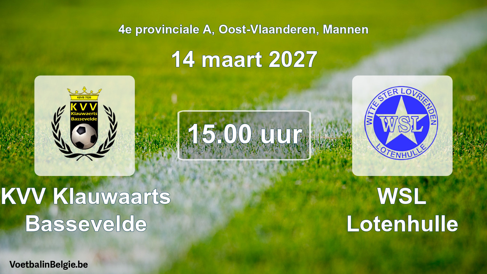Geplande wedstrijd mannenvoetbal: KVV Klauwaarts Bassevelde - WSL Lotenhulle (14 maart 2027)