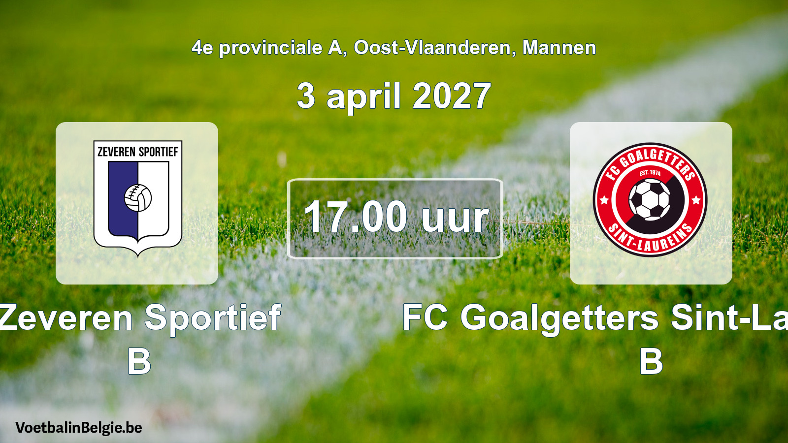 Geplande wedstrijd mannenvoetbal: Zeveren Sportief B - FC Goalgetters Sint-Laureins B (3 april 2027)