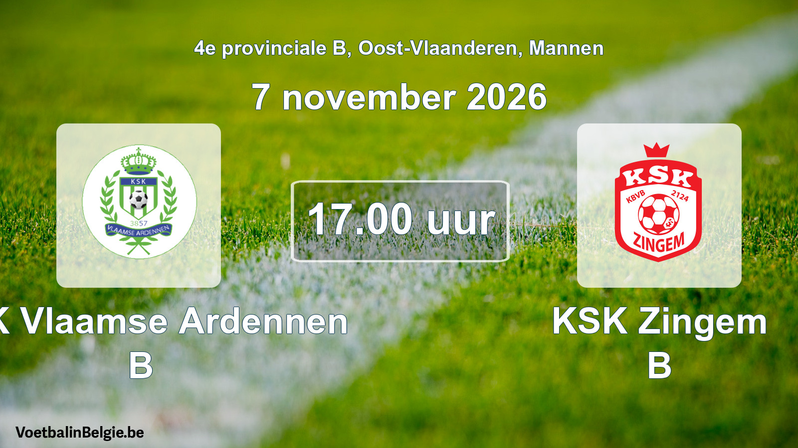 Geplande wedstrijd mannenvoetbal: KSK Vlaamse Ardennen B - KSK Zingem B (7 november 2026)